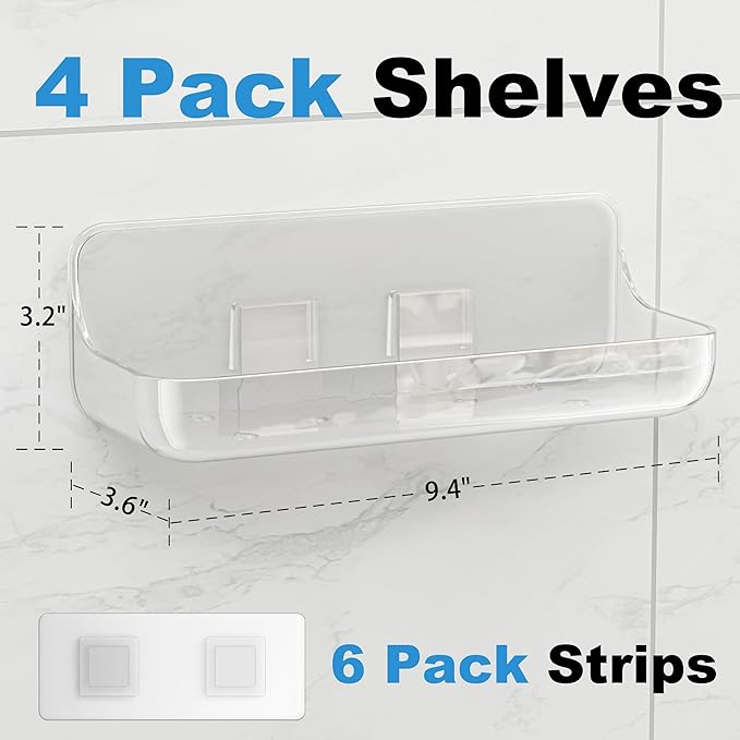 Adhesive Shower Caddy, 4 Pack Acrylic Bathroom Shelves, No Drill Wall Mount Organizer Storage Shelf