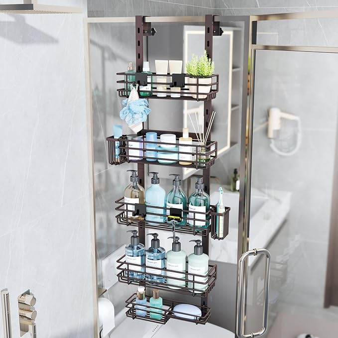 Consumest Over The Door Shower Caddy - 5 Tier Adjustable Shower Organizer Hanging with 2 Toothbrush Holders & 4 Hooks, Rustproof Organizer Shelf, Storage Rack for Bathroom, Bronze