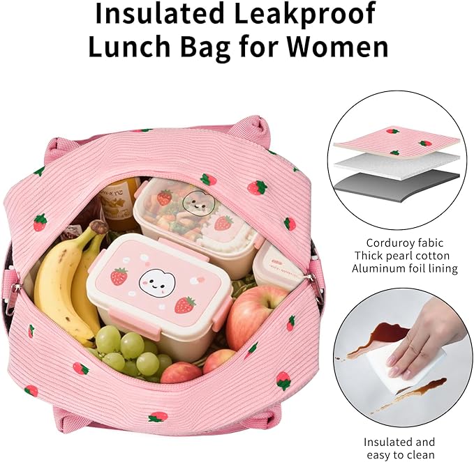 Lunch Bag Women Lunch Box for Women Adult Cute Insulated Lunch Bag Lager Cooler Lunch Tote Bags for Work Picnic (Pink-Strawberry)