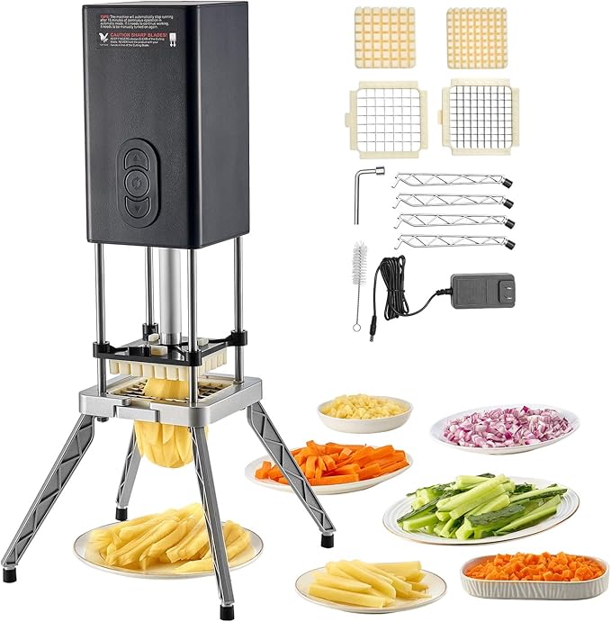 VEVOR Commercial French Fry Cutter, Stainless Steel Vegetable Fruit Chopper with 3 Replacement Blades 1/2-Inch 3/8-Inch 1/4-Inch, Electric Potato Slicer Dicer for Restaurants & Home Kitchen