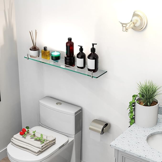 24 Inch Glass Bathroom Shelves,Brushed Nickel Floating Shelves for Wall Rectangular Modern Stainless Steel Glass Shelf for Bathroom Shelves Wall Mounted