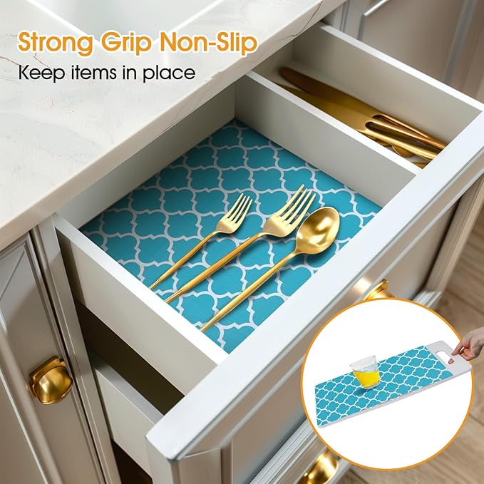 Shelf and Drawer Liner for Kitchen Cabinets Non-Adhesive, Strong Grip Non-Slip Thickened Cabinet Liners for Shelves, Waterproof Mats for Dresser Cupboard, Green/White, 23 in x 10 Feet