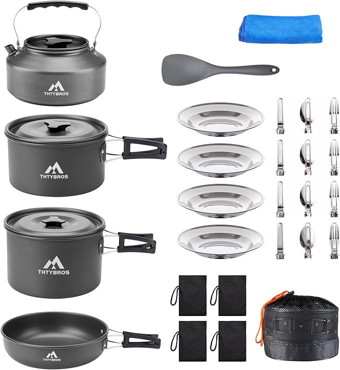 THTYBROS 27Pcs Camping Cookware Set for 4,Pots,Pan,Kettle,Tableware,Camping
