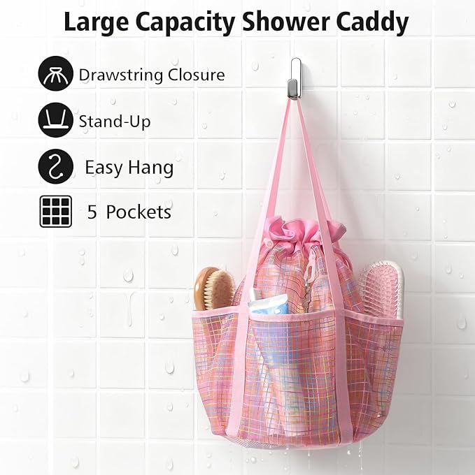 F-color Mesh Shower Caddy Portable with Drawstring - Tall 5 Pockets Dorm Room Essentials for Guys Girls with S Hook, Shower Bag Basket Tote for College Camping Travel Toiletry Bathroom, Pink Grid