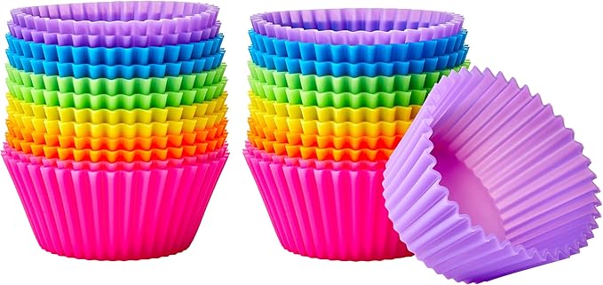Reusable Non-Stick Silicone Baking Cups, BPA Free, Dishwasher Safe, Easy to Remove, Food Grade, Oven Safe, 2.9 x 2.9 x 1.3 in (LxWxH), Multicolor, 24-Pack