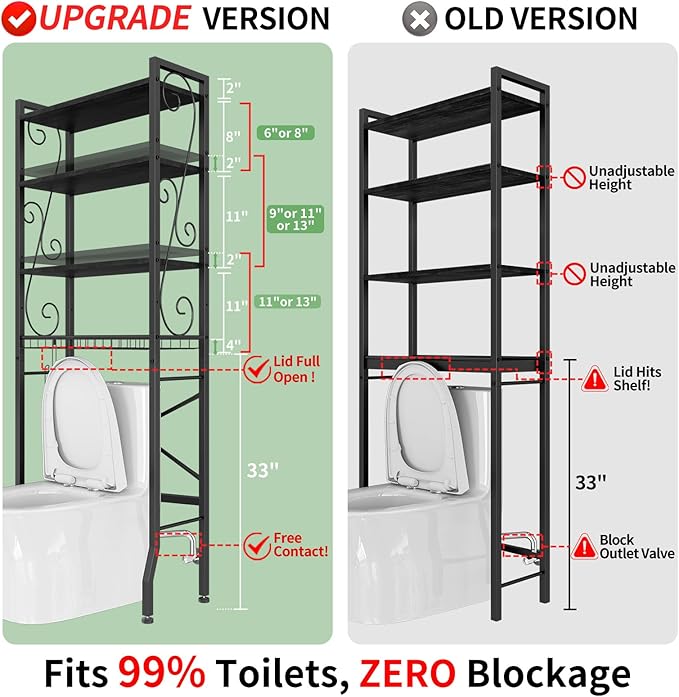 Over-The-Toilet Storage Rack 4-Tier,Bathroom Organizer Shelf Over Toilet,Adjustable Wooden Shelves and Basket,Freestanding Above Toilet Shelf,Space Saver for Rooms(Black Rack-Black Shelves)