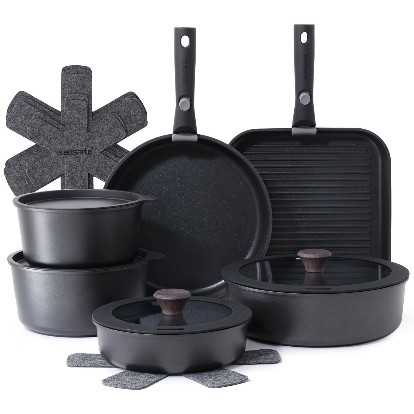 SENSARTE 24 Piece Nonstick Detachable Handle Pots and Pans Set Black
