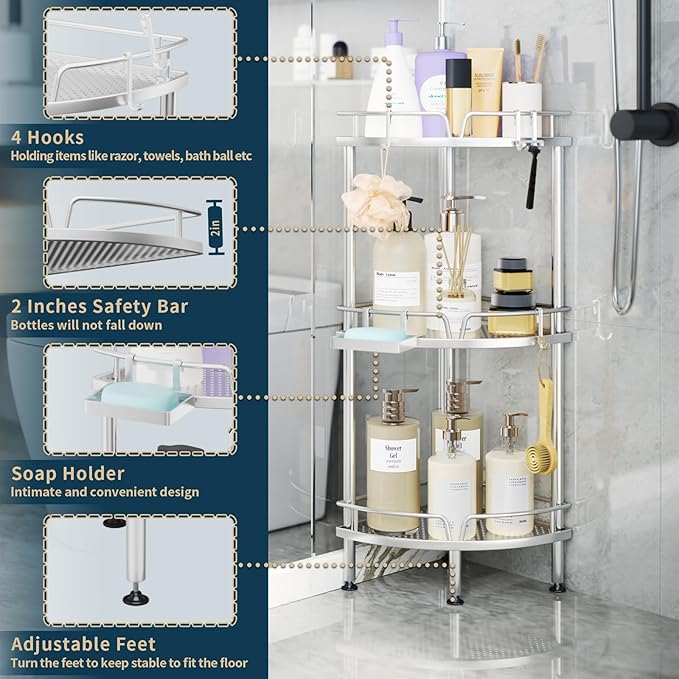 Consumest Corner Shower Caddy Stand - 3 Tier Shower Organizer with Soap Holder, Tall Floor Corner Shelf Standing with Adjustable Feet & 4 Hooks, Storage Rack for Bathroom, Silver