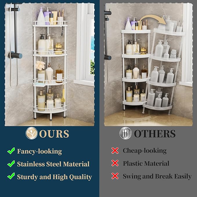 Consumest Corner Shower Organizer Stand - 4 Tier Shower Caddy with Soap Holder, Standing Tall Floor Shower Stand with Adjustable Feet & 4 Hooks, Shower Shelf Rack Storage for Bathroom White