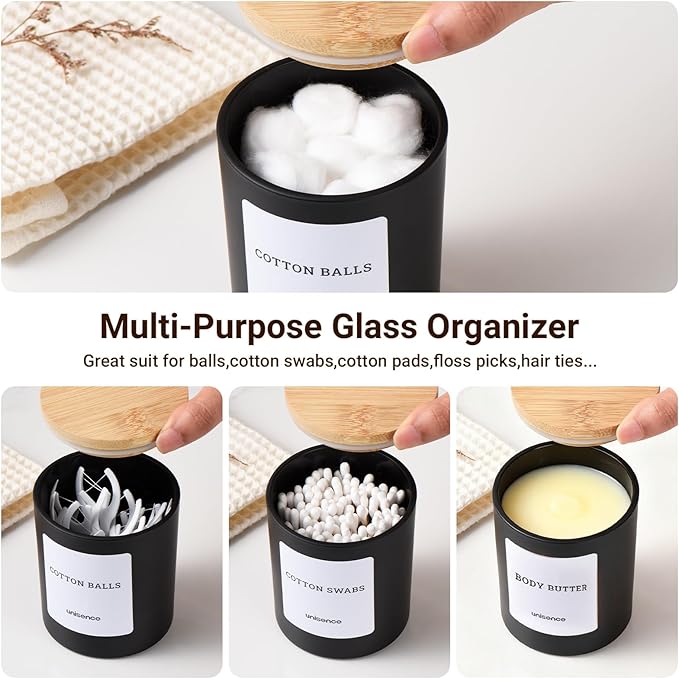 Glass Qtip Holder 2 Pack , Qtip Holder Dispenser Bathroom Set Bathroom Organizers and Storage Q tip Holder with Lid Makeup Storage Organizer for Cotton Swabs,Cotton Balls,Pads,Floss Picks ,Black