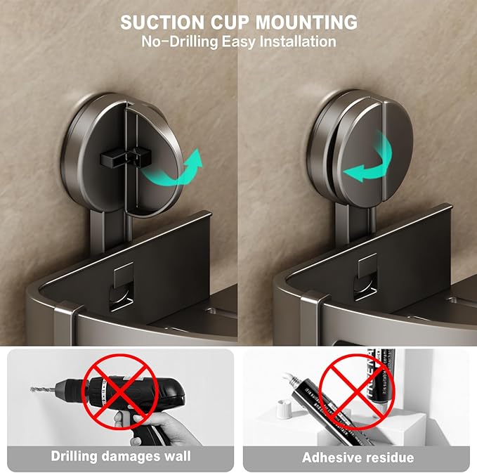 VOLPONE Shower Caddy Suction Cup, 1 Pack Corner Shower Shelves No Drilling, Showers Organizer Storage with Towel Bar & Removable Hooks, Bathroom Shower Shelf Rack for Inside Showers, Triangle