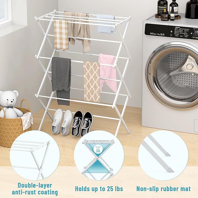 Clothes Drying Rack Foldable, 3-Tier Laundry Drying Rack Clothing Use for Indoor & Outdoor Antirust Foldable Drying Racks White 14" D x 28.7" W x 41" H