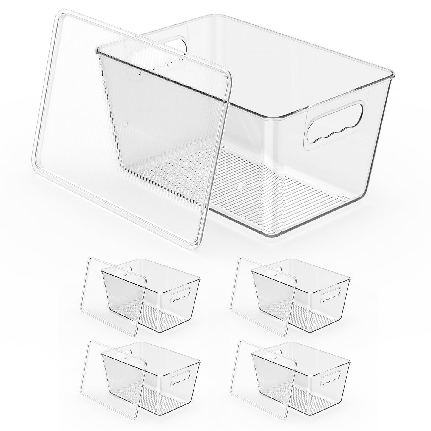 Clear Fridge Organizer with Handles & Lids, 6 Pack Large 11.5×7.5×6 Inch