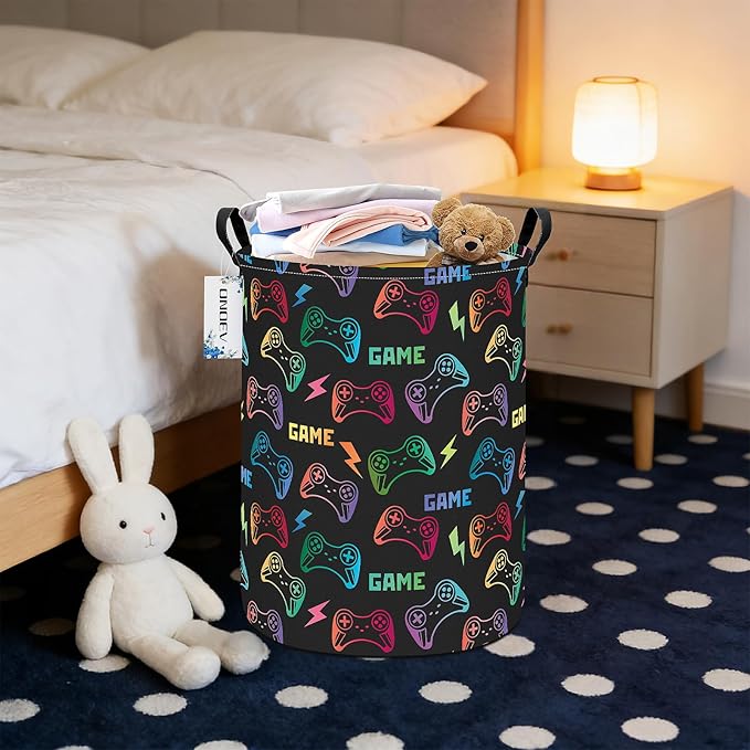 Round Foldable Handle Storage Basket toys Organization Bin Versatile Clothes Container Boys and Girls Gift Hamper (GAME)