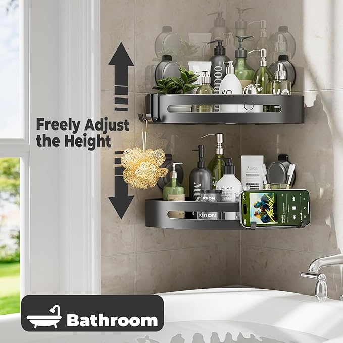ONXE Corner Shower Caddy Suction Cup,Shower Shelves with Hooks,No Drilling Powerful Upgrade Suction Bathroom Corner Organizers and Storage,Removable Waterproof Rustproof Shower Shelf Bathroom Decor