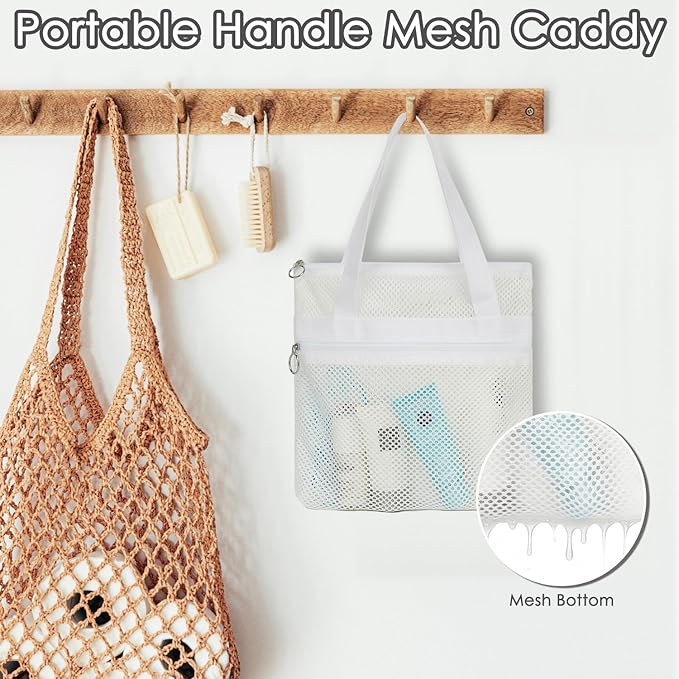 Mesh Shower Caddy Portable Shower Bag for Travel,Gym,Camping – Quick-Dry Hanging Toiletry Organizer with Zipper Pockets for Bathroom Essentials,White