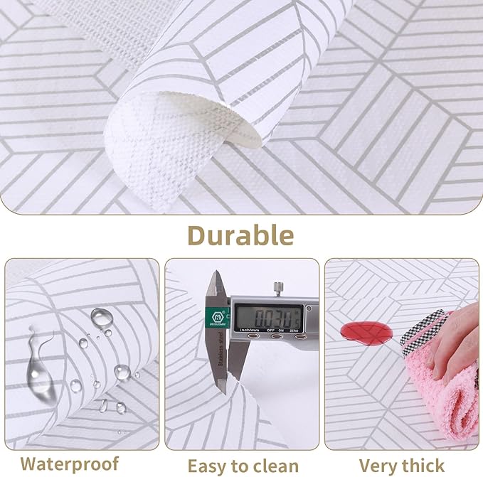 Shelf Liners for Kitchen Cabinets 17in x 20FT, Non Adhesive Cabinet Liner Strong Non-Slip Thickened Silver Geometric Easy to Clean for Shelf, Cabinet, Refrigerator with Knife and Tape Measure