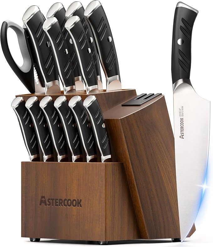Astercook Knife Set Kitchen with Block and Dual Sharpener Full Tang 15 Pcs German Stainless Steel Knives Dishwasher Safe Kitchen Utensils Set with Anti-slip Ergonomic Handle, Elegant White