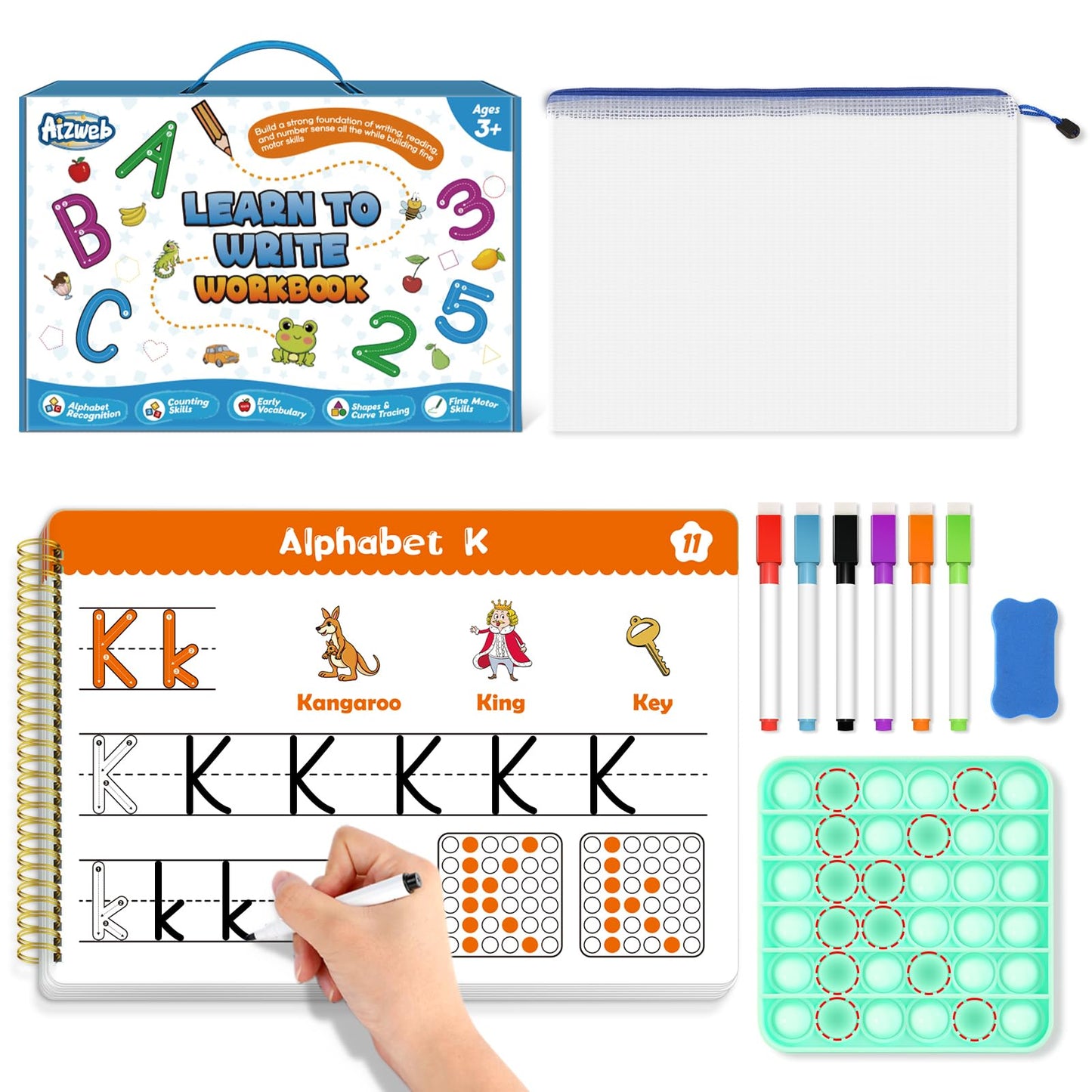 Aizweb Handwriting Practice for Kids,Learn to Write,Pre k Toddler Preschool Kindergarten Learning Activities,Number Shape Letter Tracing Writing Workbook,ABC Alphabet Autism Montessori Toys