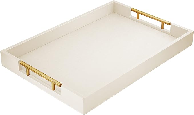 ATZYmolin 17"x12" Leather Serving Tray, Gold Handle Vanity Platter, Gold
