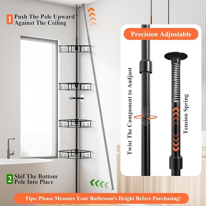 4-Tier Rustproof Corner Shower Caddy with Tension Pole, 42-115 Inch Adjustable Height Shower Organizer, Shower Shelves with Hooks, Freestanding Bathroom Organizer - Black
