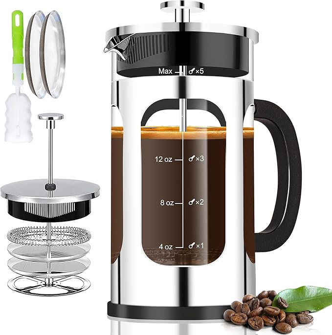 YMMIND French Press Coffee Maker (34oz 1Quart 5-6Cup) Coffee Press, with 4 Filters System, Heat Resistant Thickness Borosilicate Glass, Cold Brew Coffee Tea Pot Gifts (Bright Black)