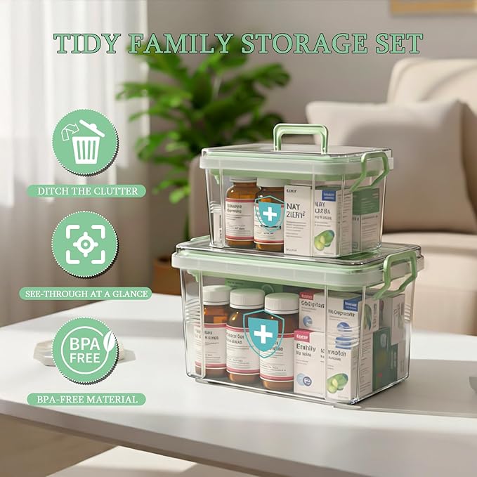2 Pack Clear Medicine Organizer Box with Handle, Plastic Medicine Container with Tray First Aid Box Empty, Thickened Medicine Storage Organizer Multipurpose Medication Organizer Storage