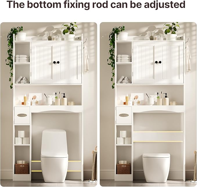 Gizoon 66''H Over The Toilet Storage Cabinet, White Over Toilet Storage Cabinet, Over Toilet Bathroom Organizer, with 2 Doors, Paper Holder and Racks, Adjustable Shelf, for Bathroom, Laundry, White