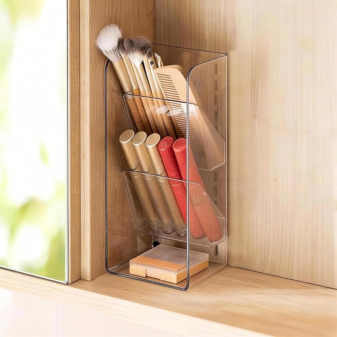 Medicine Cabinet Organizer with Adjustable Dividers, Clear Open Storage Compartment, Space-Saving Makeup Brush Holder for Bathroom, Wall Cabinet, Vanity Countertop (2-Tier Full Slant)