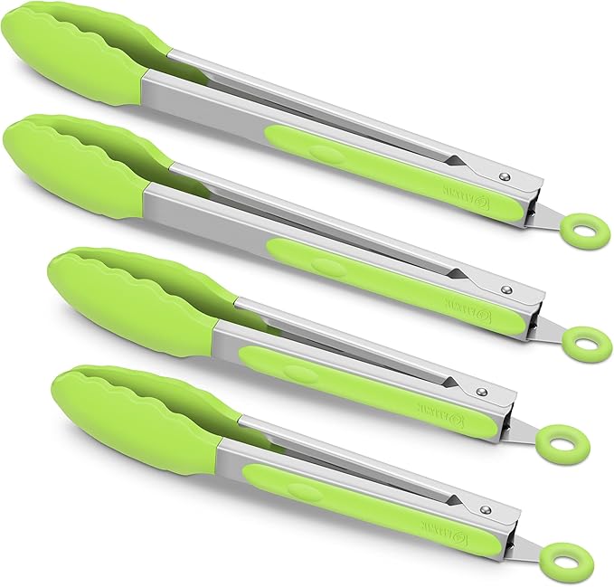 4-Pack Green Silicone Kitchen Tongs Set, 9 & 12 Inch, Stainless Steel