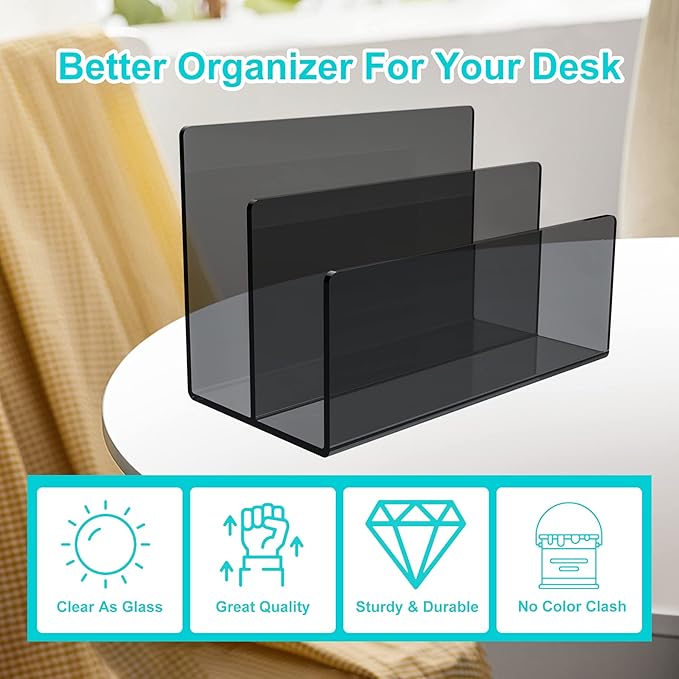 Boloyo Acrylic File Holder,1PC 2 Sections Clear Black File Organizer Mail Letter Sorter Desktop Folder Holder for Home Office School Envelope Bill Filling Paper Document