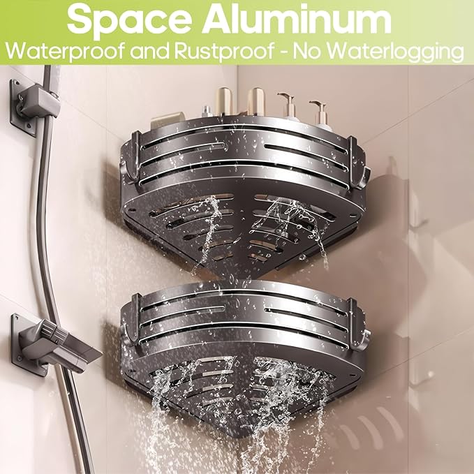 Corner Shower Caddy Suction Cup,Shower Shelves with Hooks,No Drilling Powerful Suction Bathroom Organizers and Storage,Removable Waterproof Rustproof Shower Bathroom Accessories Decor(Grey 2Pack)