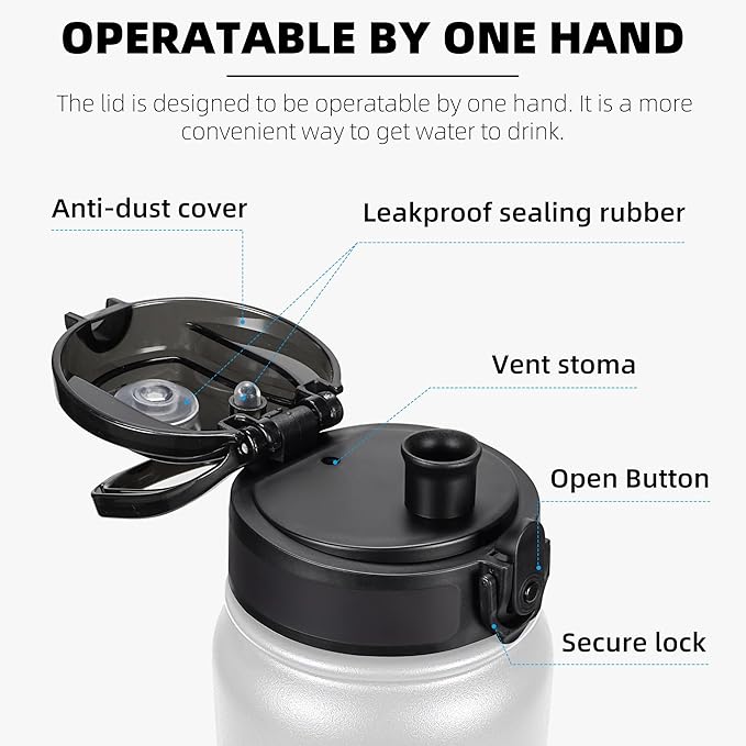 Fanhaw 32 oz Insulated Stainless Steel Water Bottle with Anti-Dust Chug Lid, Leakproof Vacuum Sports Bottle for Men & Women (White Black)