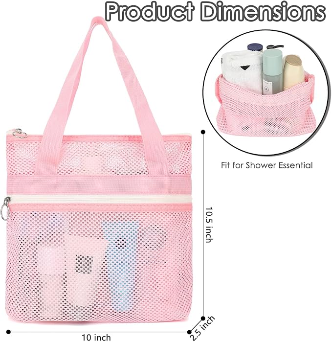 Mesh Shower Caddy Portable Shower Bag for Travel, Gym, Camping – Quick-Dry Hanging Toiletry Organizer with Zipper Pockets for Bathroom Essentials,Pink