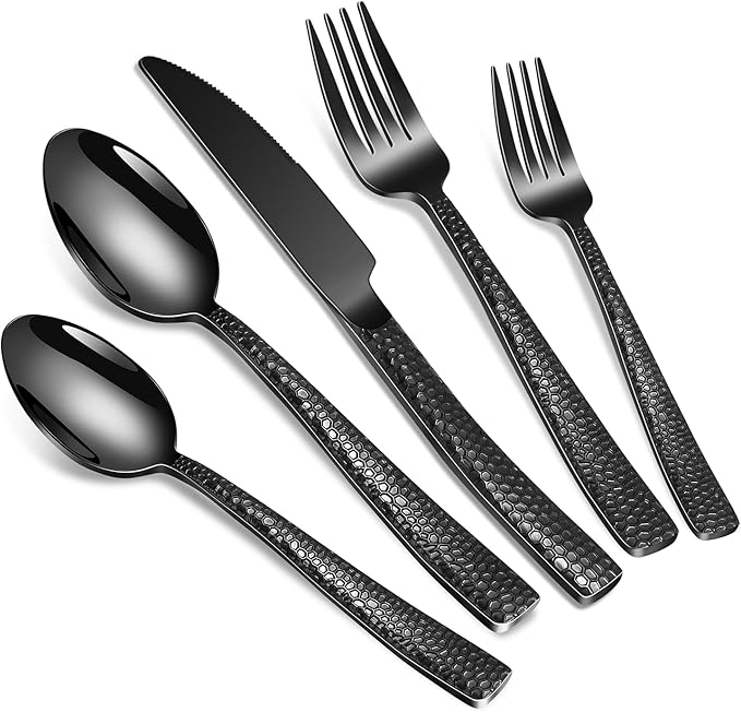 Large Hostess Serving Utensils Set, Stainless Steel Heavy Duty Hammered Serving spoons, Slotted Spoons, Serving Fork, Cake Server, Butter Knife, Dishwasher Safe（Black）