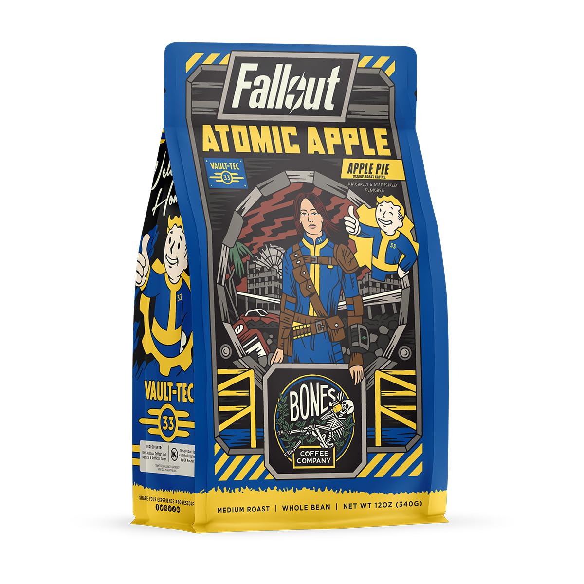 Bones Coffee Company Fallout Valiant Vanilla, Vanilla Wafer Flavored Coffee, Medium Roast Low Acid Arabica Beans Compatible with Auto drip and French Press Coffee Maker, 12 Oz Whole Bean
