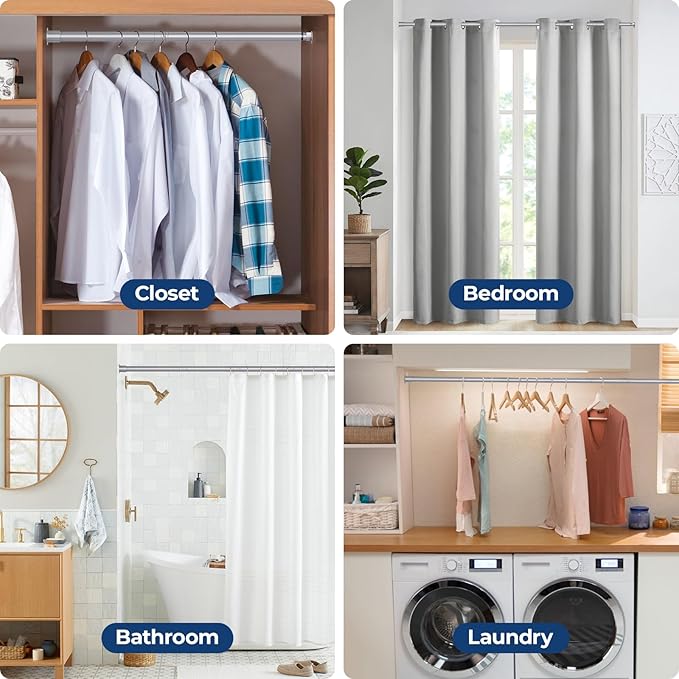 Mavivegue Closet Rod, 17 to 70 Inch Adjustable Closet Rods for Hanging Clothes, Silver Hanging Rod for Closet Wardrobes Laundry RV, Bathroom