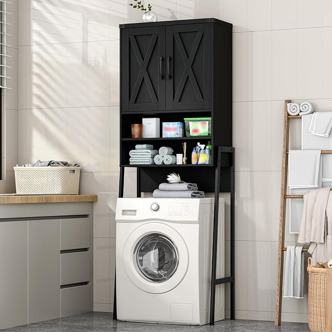 Vabches Over The Toilet Storage Cabinet, Farmhouse Over Toilet Storage Cabinet, Metal Frame with 2 Barn Doors, Home Space-Saving Toilet Rack for Bathroom, Toilet, Laundry Room,Black