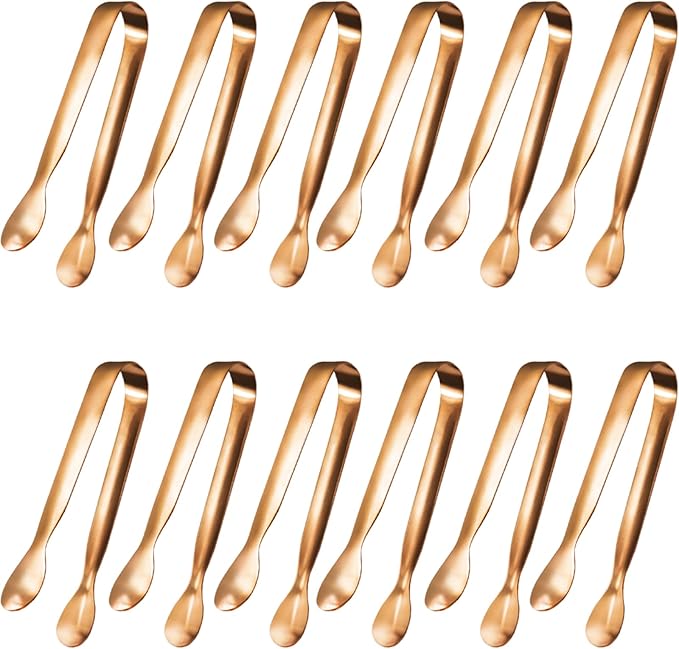 JCREN 12 Pack Mini Tongs - Small Stainless Steel Food Tongs for Serving Appetizers, Tea Party, Coffee, Desserts - 5 inch - Gold