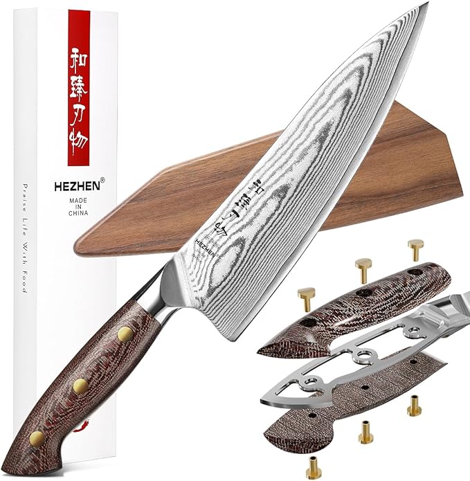 HEZHEN 8.3'' Damascus Chef Knife with Sheath – 67 Layers Damascus Steel, Ultra Sharp Professional Kitchen Knife for Home Cooking, Ergonomic Micarta Handle