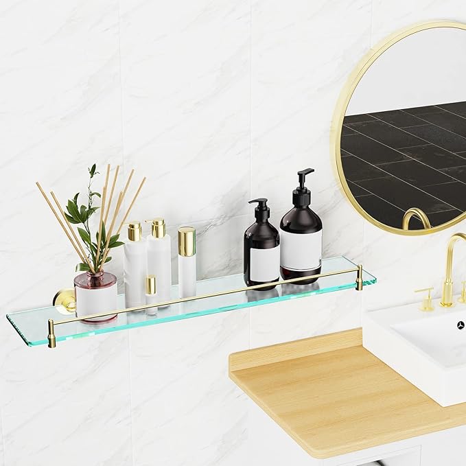 24 Inch Glass Bathroom Shelves,Brushed Gold Floating Shelves for Wall Rectangular Modern Stainless Steel Glass Shelf for Bathroom Shelves Wall Mounted