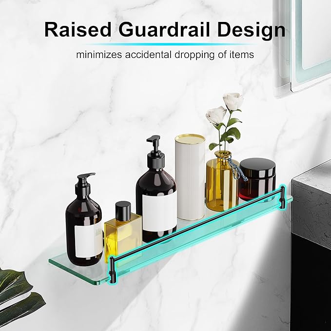 20 Inches Glass Shelves for Bathroom, Matte Black Floating Glass Shelf Stainless Steel Tempered Glass Bathroom Shelves for Wall Mount Modern