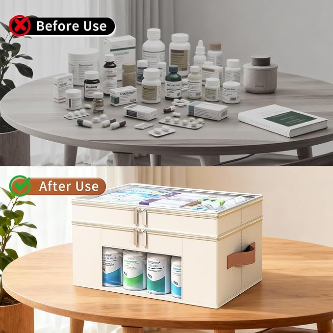Medicine Organizer for Cabinet, 2-Tier Foldable Medicine Storage Box with Clear Cover and Leather Handle, Empty First Aid Kit for Home and Travel
