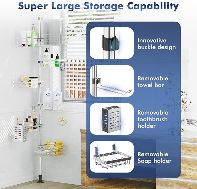 Shower Caddy Corner Tension Pole, Stainless Steel Rustproof 6 Shelves Bathroom Organizer with Towel Bar & Toothbrush Holder, Adjustable Shower Shelf for Renters - Family Stand Storage Rack