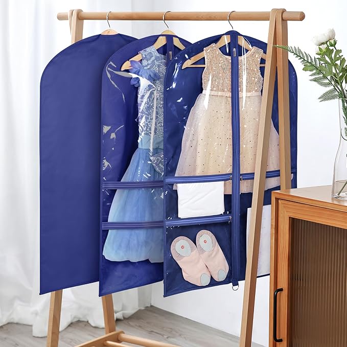 Univivi Kids Garment Bags for Dance Costumes 40 Inch Hanging Dance Costume Bag for Dance Competitions, with 3 Medium Clear Zipper Pockets for Dance Costumes, Closet Storage (Navy Blue), 1 Pack