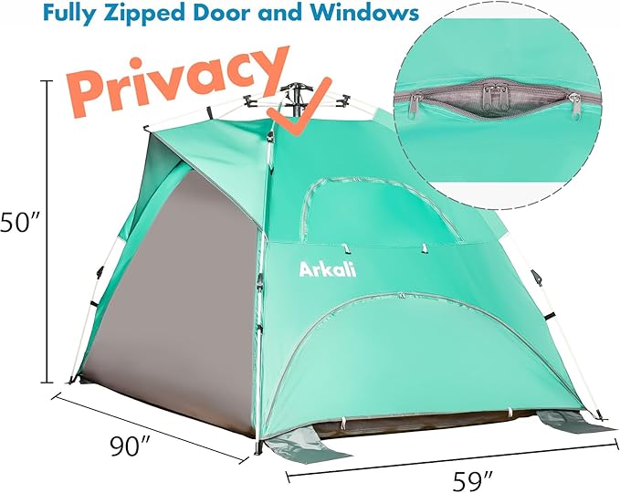 Beach Tent Pop Up Beach Sun Shade Tent with UPF 50+ UV Protection, Removable Floor Zippered Privacy & Ventilation Sun Shelter Family 3 to 4 Person