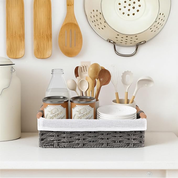 HomeHacks 2 Pack Storage Basket Paper Rope Baskets for Organizing with Handle Decorative Storage Bins for Countertop Toilet Paper Basket for Toilet Tank Top Small Baskets, Grey
