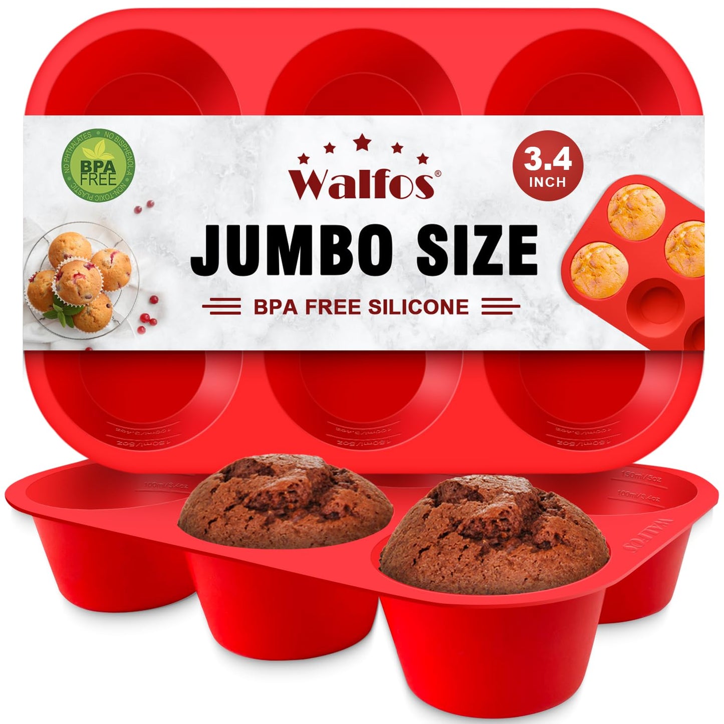 Walfos Silicone Muffin Pan - 12 Cups Regular Silicone Cupcake Pan, Non-stick Great for Making Muffin Cakes, Tart, Bread - BPA Free and Dishwasher Safe