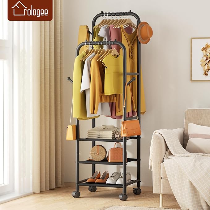 Furologee Rolling Clothing Racks for Hanging Clothes, Double Rods Clothes Rack With Wheels, Sturdy Coat Racks,Portable Metal Garment Rack for Bedroom Laundry Living Room, Black
