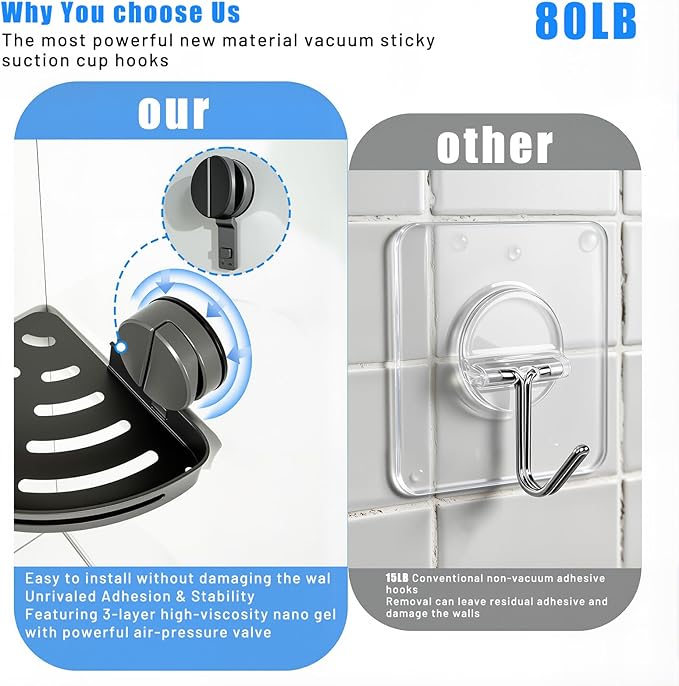 Corner Shower Caddy Suction Cup Shower Shelf Corner No Drilling Bathroom Shower Organizer Storage Rack Suction Cup Type with Towel Bar Hooks